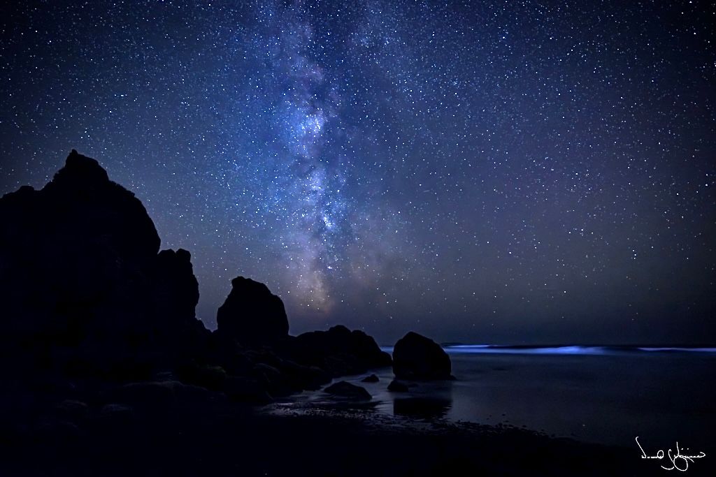 Milky Way with bioluminescence in surf